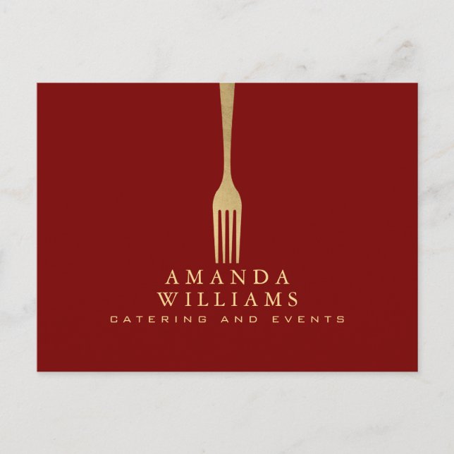 Cartão Postal Modern Faux Gold Fork Catering Logo on Red (Frente)