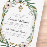 Modern Geometric Floral Cross Baptism Invitation