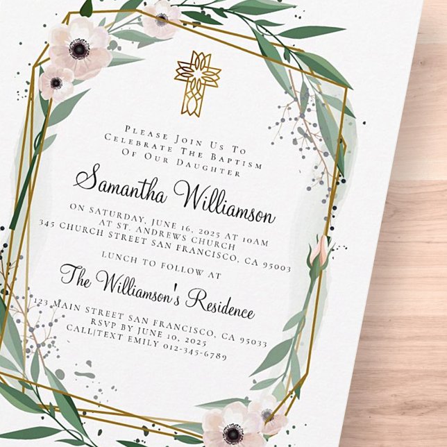 Cartão Postal Modern Geometric Floral Cross Baptism Invitation (Criador carregado)