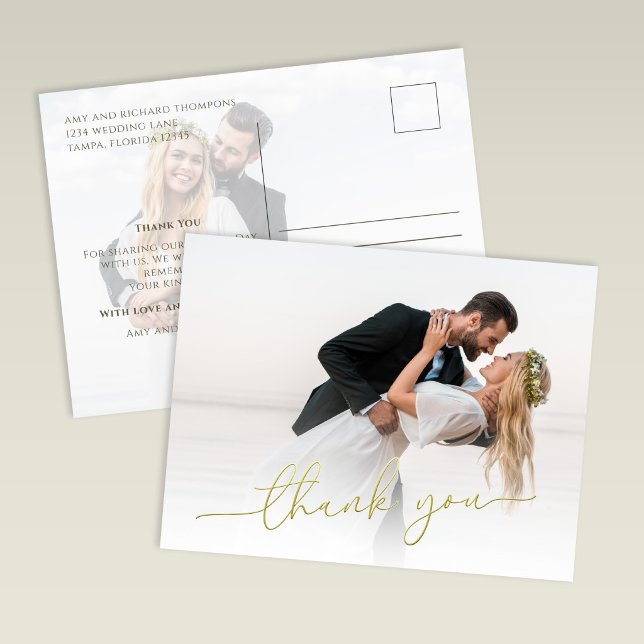 Cartão Postal Modern Gold Script Photo Wedding Thank You Card (Modern wedding thank you card with soft photo overlay and gold script text)