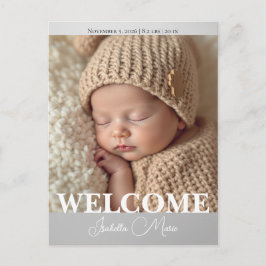 Cartão Postal Modern Grey and White Photo Birth Announcement