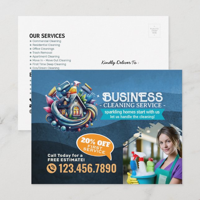 Cartão Postal Modern House Cleaning Maid Service Housekeeping (Frente/Verso)