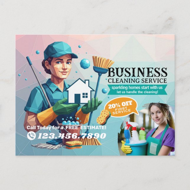 Cartão Postal Modern House Cleaning Maid Service Housekeeping (Frente)