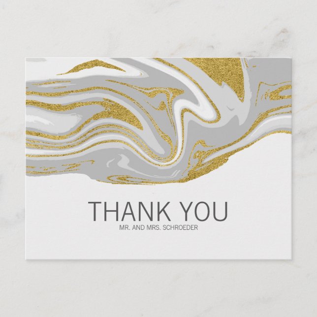 Cartão Postal Modern Marble e Dourado Casamento Obrigado Cartão- (Frente)
