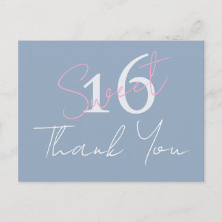 Cartão Postal Modern Minimalist Sweet 16th Pink Blue Thankyou