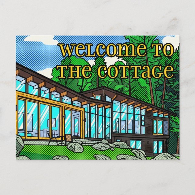 Cartão Postal Modern Pop Art Forest Cabin Mid-Century Comic (Frente)