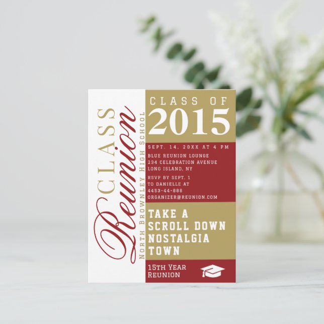 Cartão Postal Modern red and tan School Class Reunion Postcard (Em pé/Frente)
