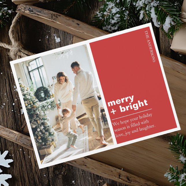 Cartão Postal Modern Red Merry + Bright Christmas Photo (Criador carregado)