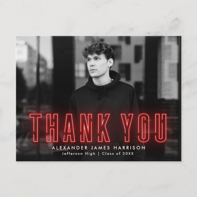 Cartão Postal Modern Red Neon Photo Graduação Obrigado (Frente)