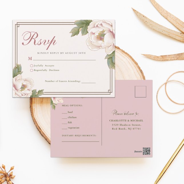 Cartão Postal Modern Retro Blush Peony Floral Wedding RSVP (Criador carregado)