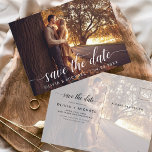 Cartão Postal Modern Save the Date White Handwrite Photo (Salvar<br><div class="desc">Casamento manuscrito Salve os Cartões de Data que têm uma foto na frente e atrás. Os cartões Save the Date Fall, Autumn, Winter, Primavera ou Summer contêm uma tipografia moderna escrita cursiva escrita escrita escrita escrita escrita escrita escrita escrita escrita com letra mão que é elegante, simples e moderna para...</div>