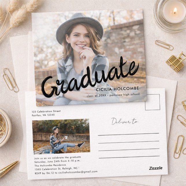 Cartão Postal Modern Script Graduate Simple Photo Graduation  (Criador carregado)