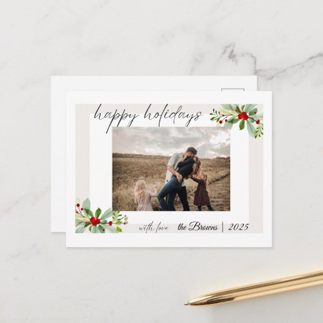 Cartão Postal Modern Simple Happy Holidays Family Photo Card (Frente/Verso In Situ)