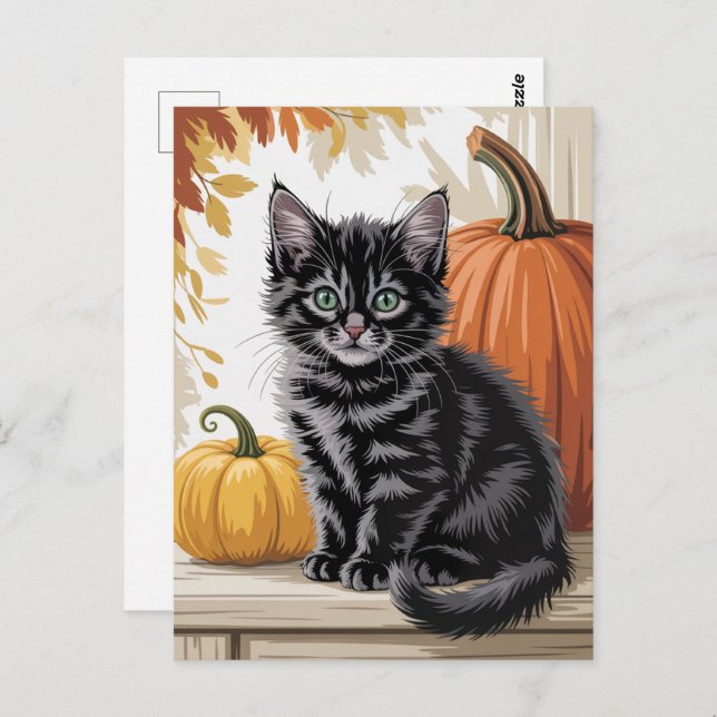 Cartão Postal Modern Trendy Halloween Pumpkins and Black Cat  (Frente/Verso)