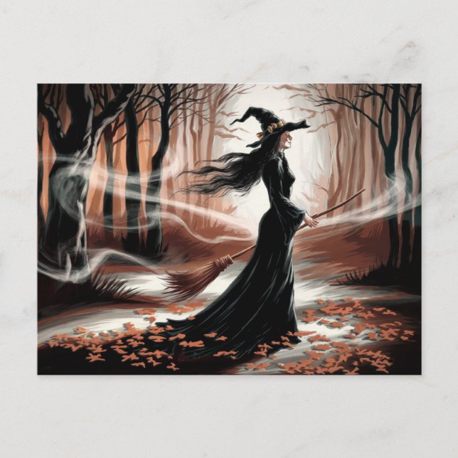 Cartão Postal Modern Trendy Halloween Witch in Forest            (Frente)