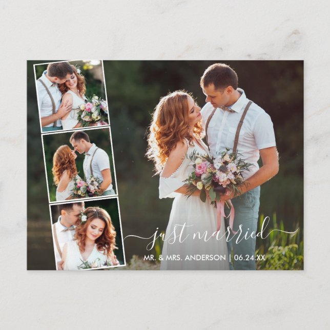 Cartão Postal Modern Trendy Script Just Married 4 Photo (Frente)