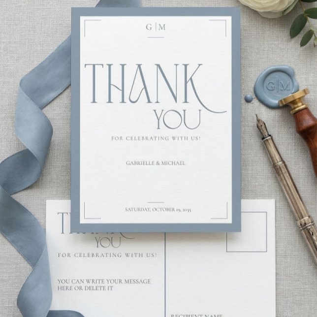 Cartão Postal Modern Typography Dusty Blue Wedding Thank You  (Criador carregado)