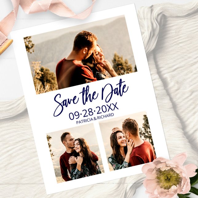 Cartão Postal Modern Wedding Save The Date 3 Photo Collage (Criador carregado)