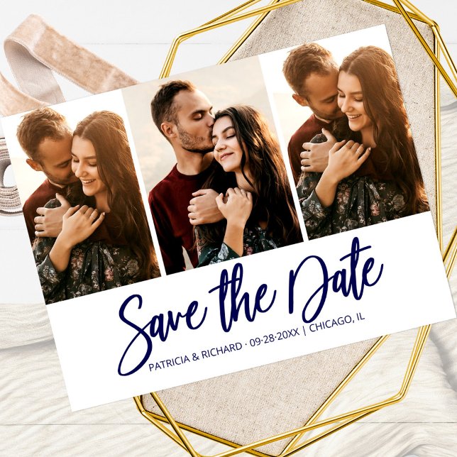 Cartão Postal Modern Wedding Save The Date 3 Photo Collage (Criador carregado)
