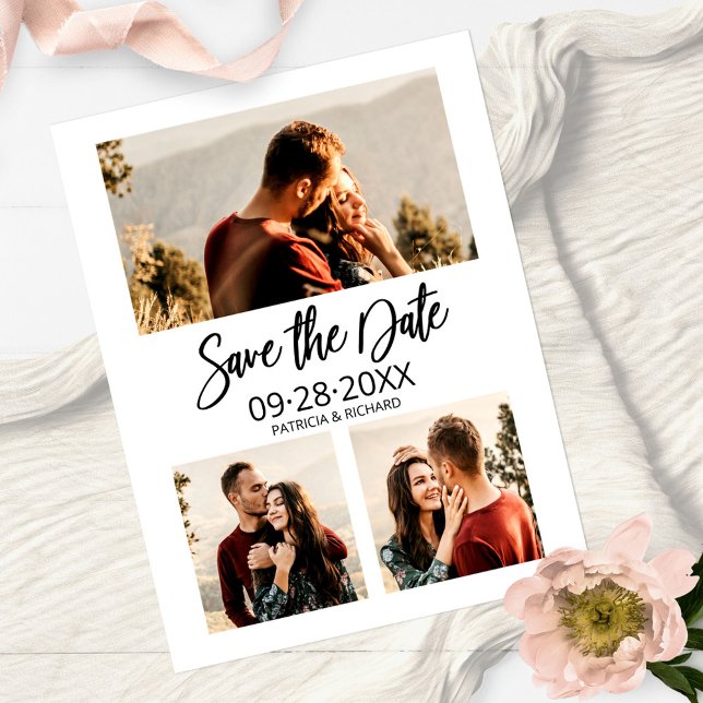 Cartão Postal Modern Wedding Save The Date 3 Photo Collage (Criador carregado)