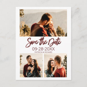 Cartão Postal Modern Wedding Save The Date 3 Photo Collage