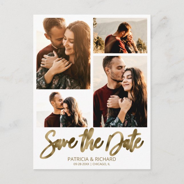 Cartão Postal Modern Wedding Save The Date 4 Photo Collage (Frente)