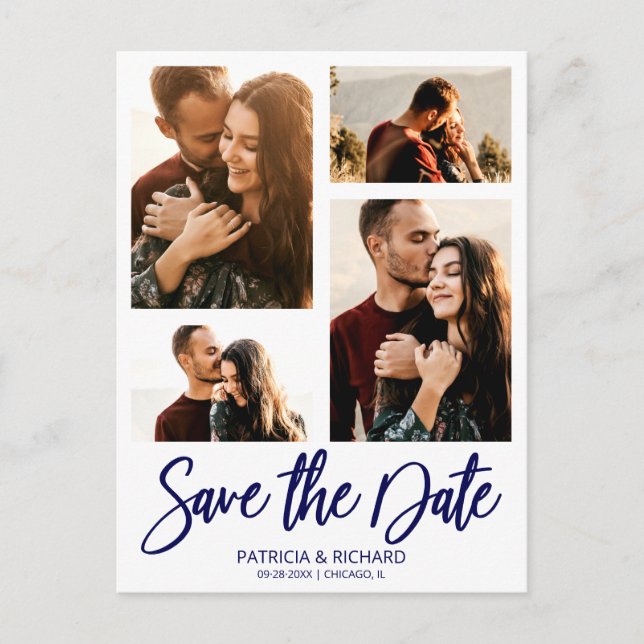 Cartão Postal Modern Wedding Save The Date 4 Photo Collage (Frente)