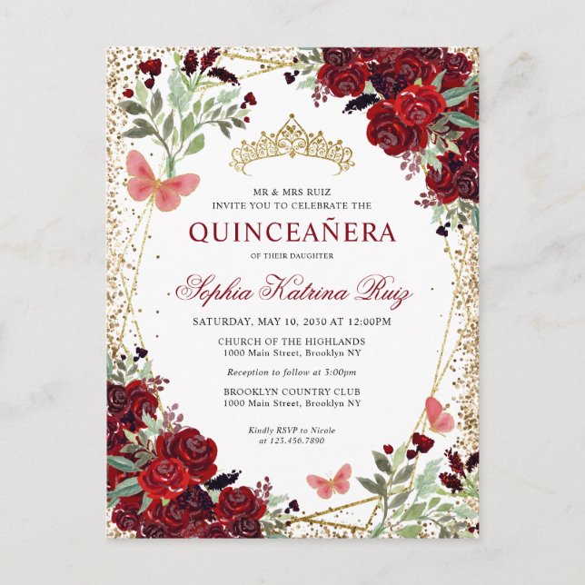 Cartão Postal Moderna Borgonha Floral Vermelha Dourada Tiara Qui (Frente)