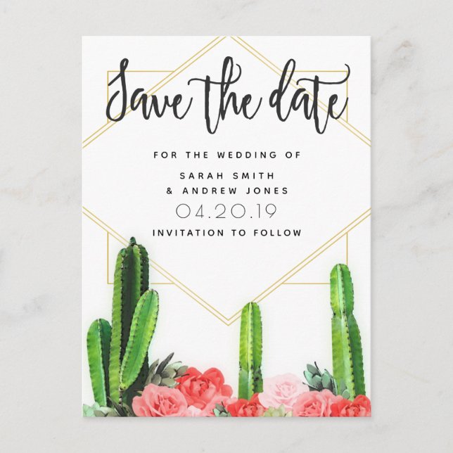 Cartão Postal Moderno Cactus, Succulent e Floral Salvar a Data (Frente)