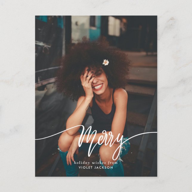 Cartão Postal Moderno de Feriado de Fotografia de Script de Feli (Frente)