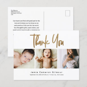 Cartão Postal Moderno Dourado Script Personalizado 3 Foto Bebê O