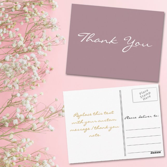 Cartão Postal Moderno Elegante Roxo Bege Falso Script Agradecime (Modern Elegant Mauve Faux Gold Script Thank You Postcard)