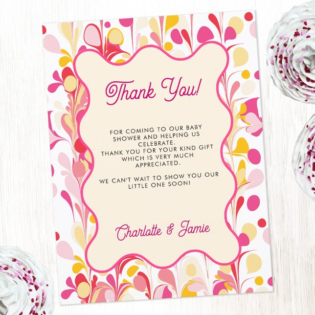 Cartão Postal Moderno Obrigado Retro Abstrato Rosa (Fun retro marble groovy wavy pink yellow personalized custom text baby shower thank you postcard)