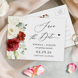 Cartão Postal Moderno Save the Date Floral Elegante Vermelho Bra