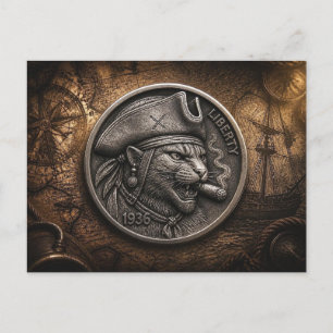 Cartão Postal Moeda de níquel Hobo Gato Pirata Vintage