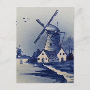 Cartão Postal Moinho de Vento Azul Branco Vintage Delft