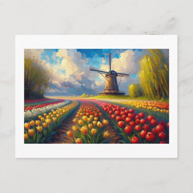 Cartão Postal Moinho de vento com Campo de Tulipas, (Frente)