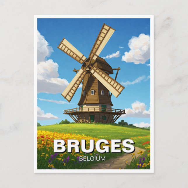 Cartão Postal Moinho de vento em Bruges Belgium Viagem Souvenir (Frente)