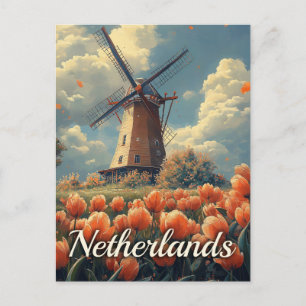 Cartão Postal Moinho de Vento Holandês Antigo: Tulipas e Charme