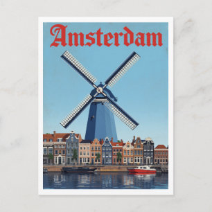 Cartão Postal Moinho de Vento Holandês e Cena do Canal Amsterdã