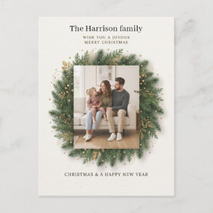Cartão Postal Moldura de Foto de Coroa de Natal Design de Saudaç