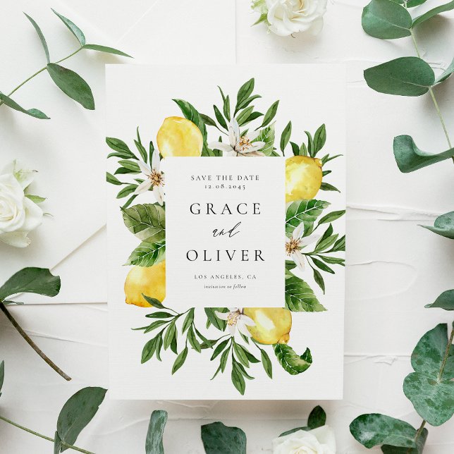 Cartão Postal Moldura de Limão Botânico Blossoms Salve a Data (Watercolor Lemons and Greenery Frame Save the Date Postcard)