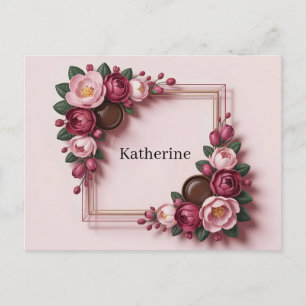 Cartão Postal Moldura Floral Elegante com Rosas e Nome Personali