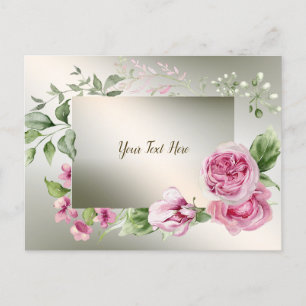 Cartão Postal Moldura Floral Rosa Aquarela Bronze Brilhante Eleg
