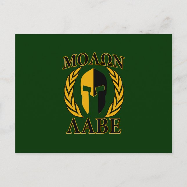Cartão Postal Molon Labe Spartan Mask Laurels sobre Verde (Frente)