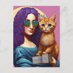 Cartão Postal Mona de cabelo roxo e seu gato ruivo