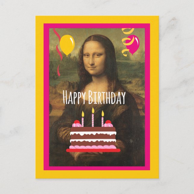 Cartão Postal Mona Lisa Aniversário com Bolo e Balões (Frente)