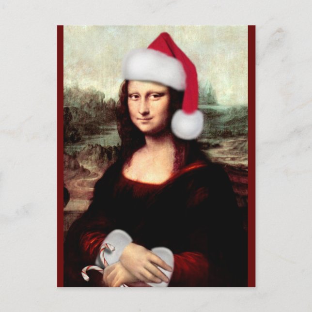Cartão Postal Mona Lisa Chapéu de Papai Noel Natal (Frente)