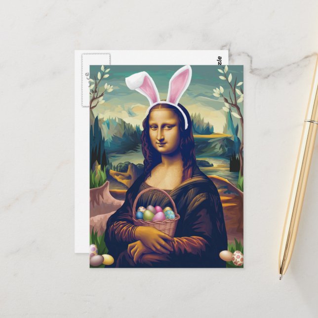 Cartão Postal Mona Lisa Coelhinho da Páscoa Engraçado (Frente/Verso In Situ)