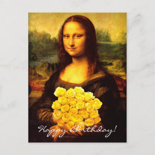 Cartão Postal Mona Lisa Com Buquê De Rosas Amarelas
